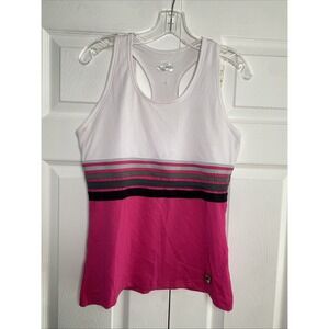Fila Performa Racerback‎ Tank Womens Size L Pink White Striped Athletic Workout